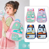 A young girl wearing a pastel pink and mint green school backpack with cartoon animal charms, shown next to a product collage of four additional color options (green, purple, blue, and navy).